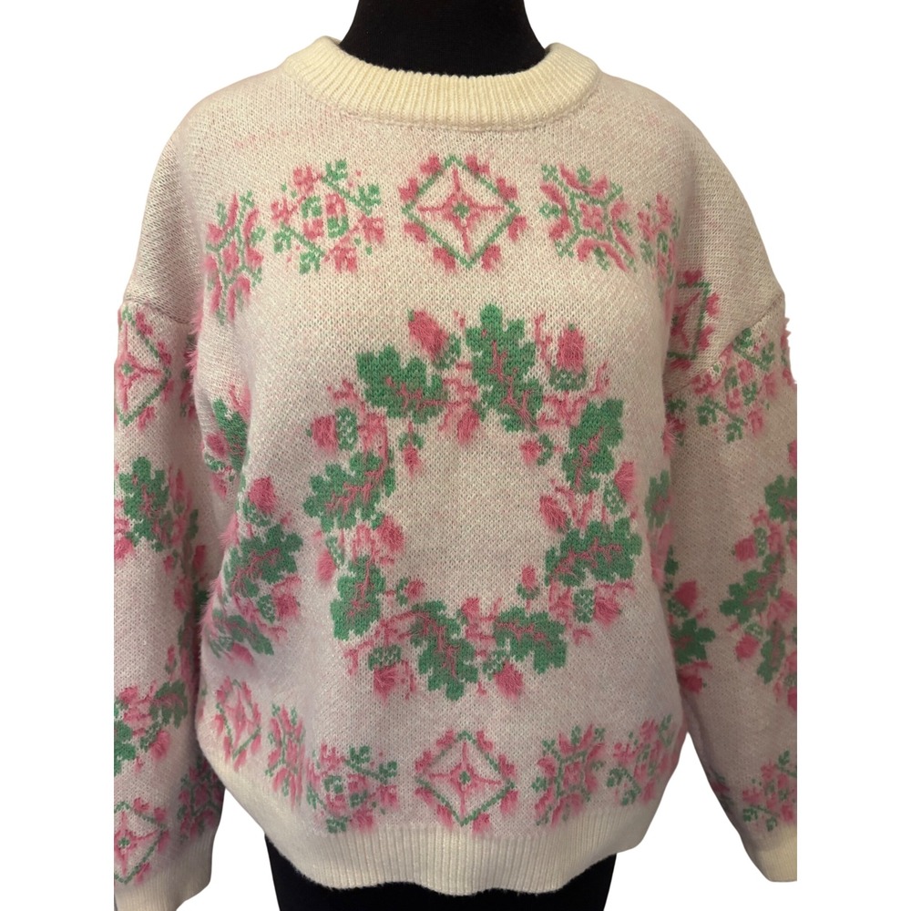 &merci Mixed Knit Fair Isle Sweater Ivory Pink Green Floral Crewneck Fluffy S